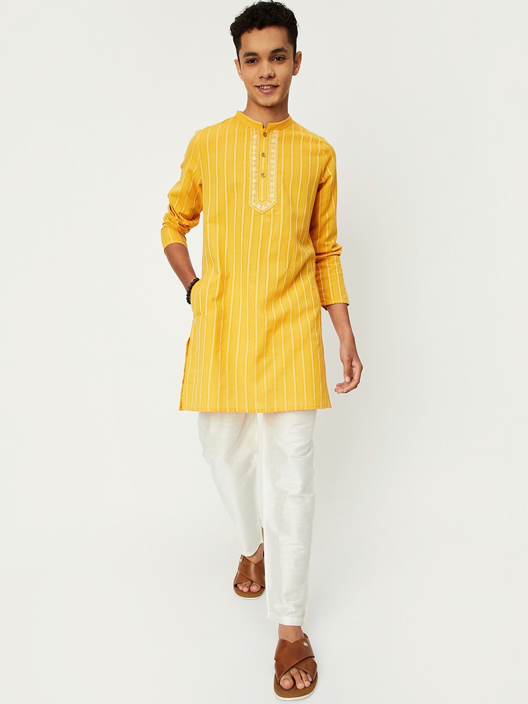 

max Boys Striped Mandarin Collar Long Sleeves Pure Cotton Straight Kurta & Pyjamas, Yellow