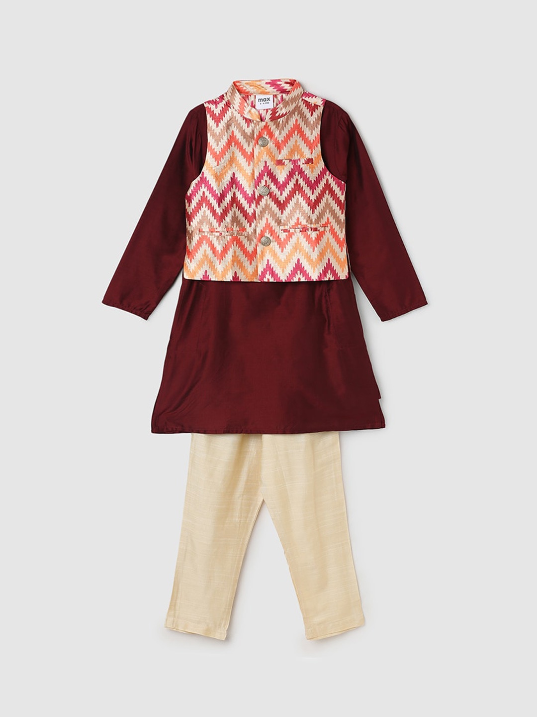 

max Boys Round Neck Long Sleeves Straight Kurta With Pyjamas & Nehru Jacket, Maroon