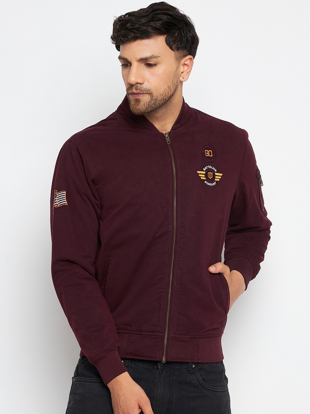 

Duke Mock Collar Long Sleeve Embroidered Bomber Jacket, Maroon