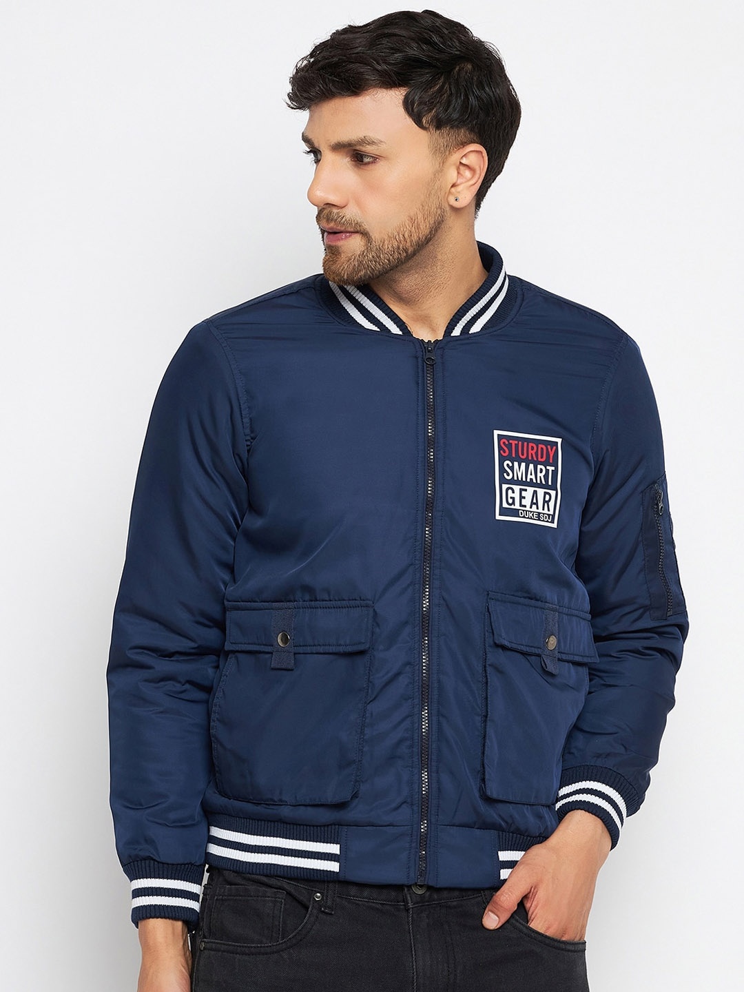 

Duke Typography Printed Mock Collar Bomber Jacket, Navy blue