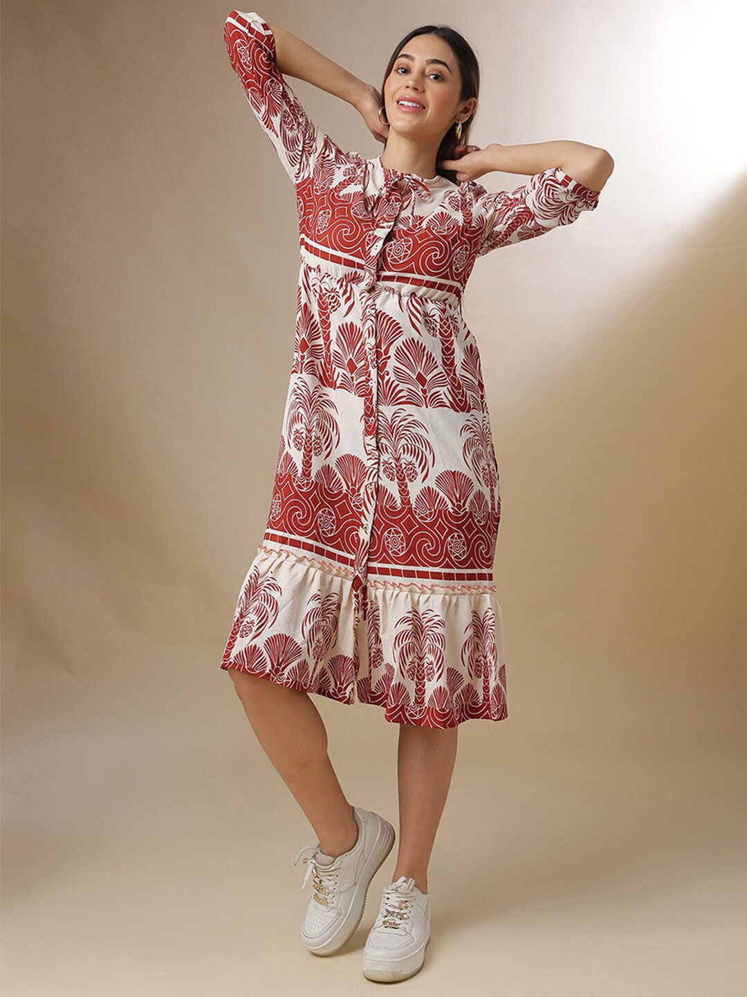 

Campus Sutra Conversational Printed Tie-Up Neck A-Line Midi Dress, Maroon