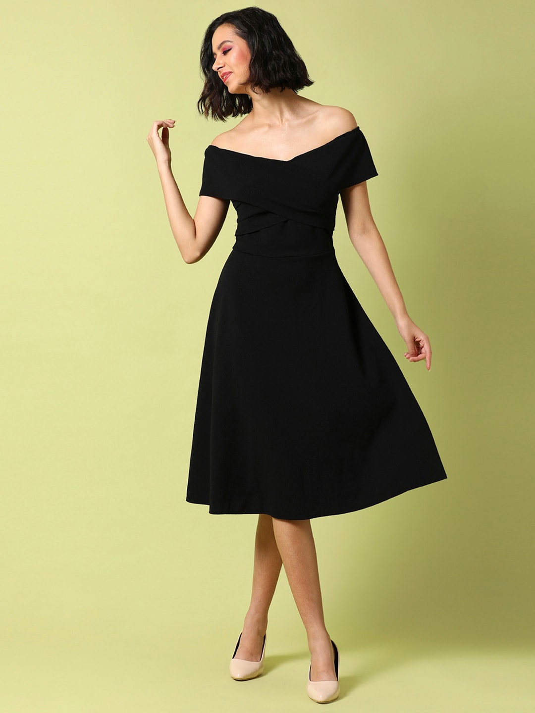 

Campus Sutra Off-Shoulder Gathered Fit & Flare Dress, Black