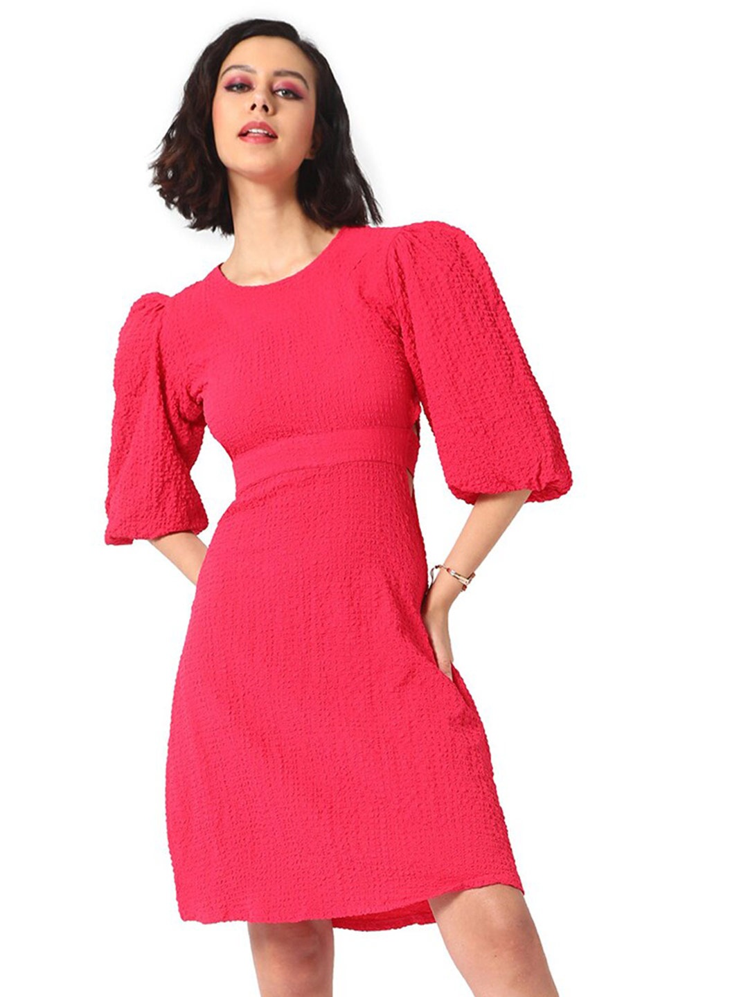 

Campus Sutra Self Design Puff Sleeves Gathered A-line Dress, Red