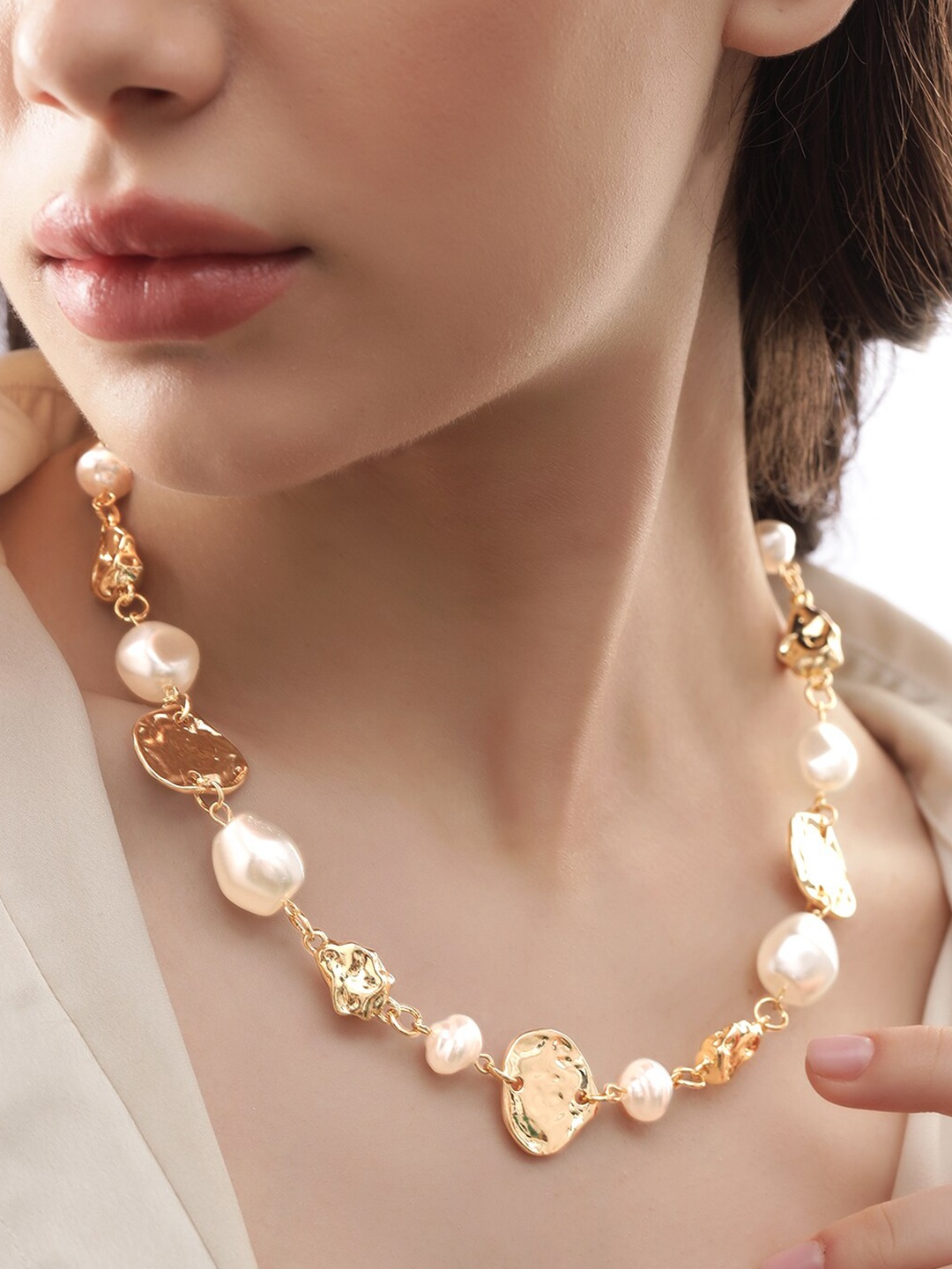 

Rubans Voguish Gold Plated Pearl & Charm Dangle Link Necklace