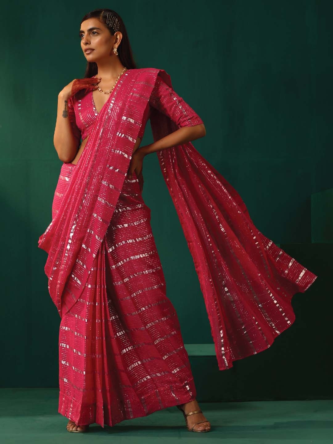 

trueBrowns Woven Design Pure Cotton Ready to Wear Saree, Pink