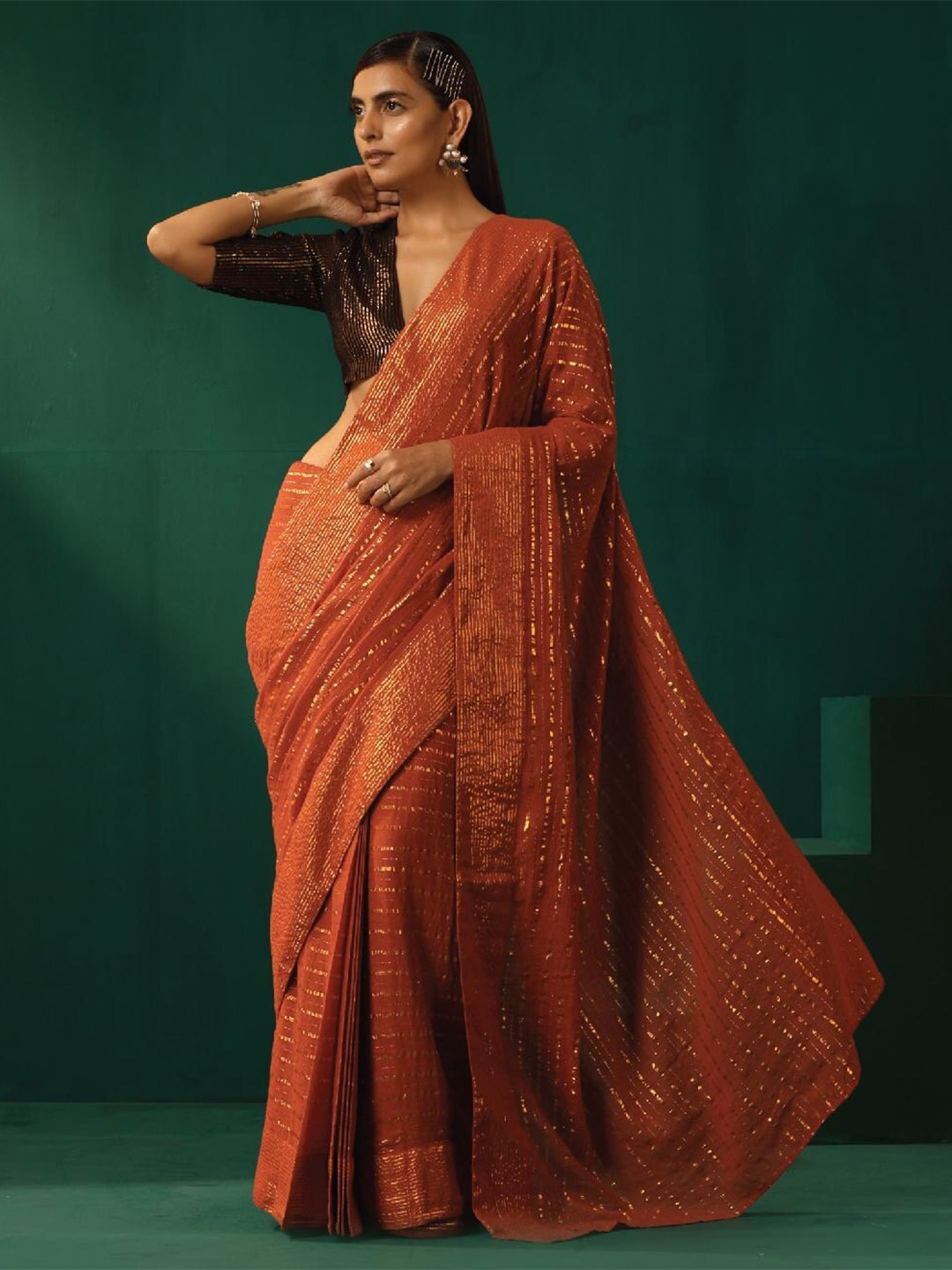 

trueBrowns Striped Zari Pure Cotton Ready to Wear Saree, Rust