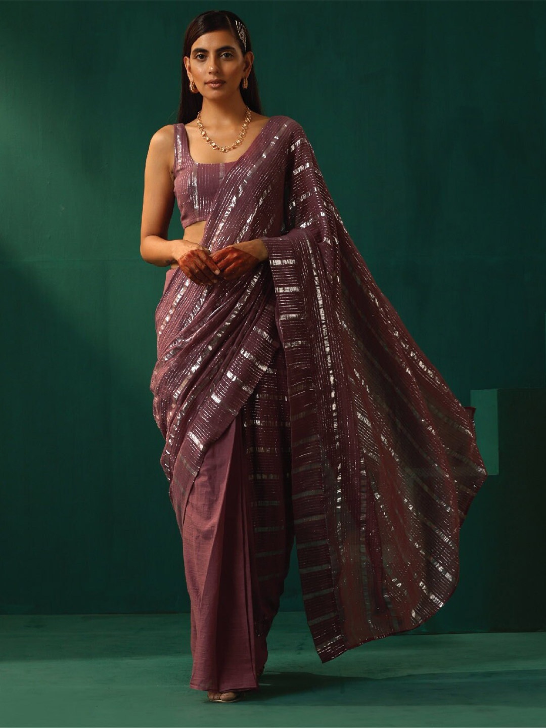 

trueBrowns Striped Zari Pure Cotton Ready to Wear Saree, Mauve