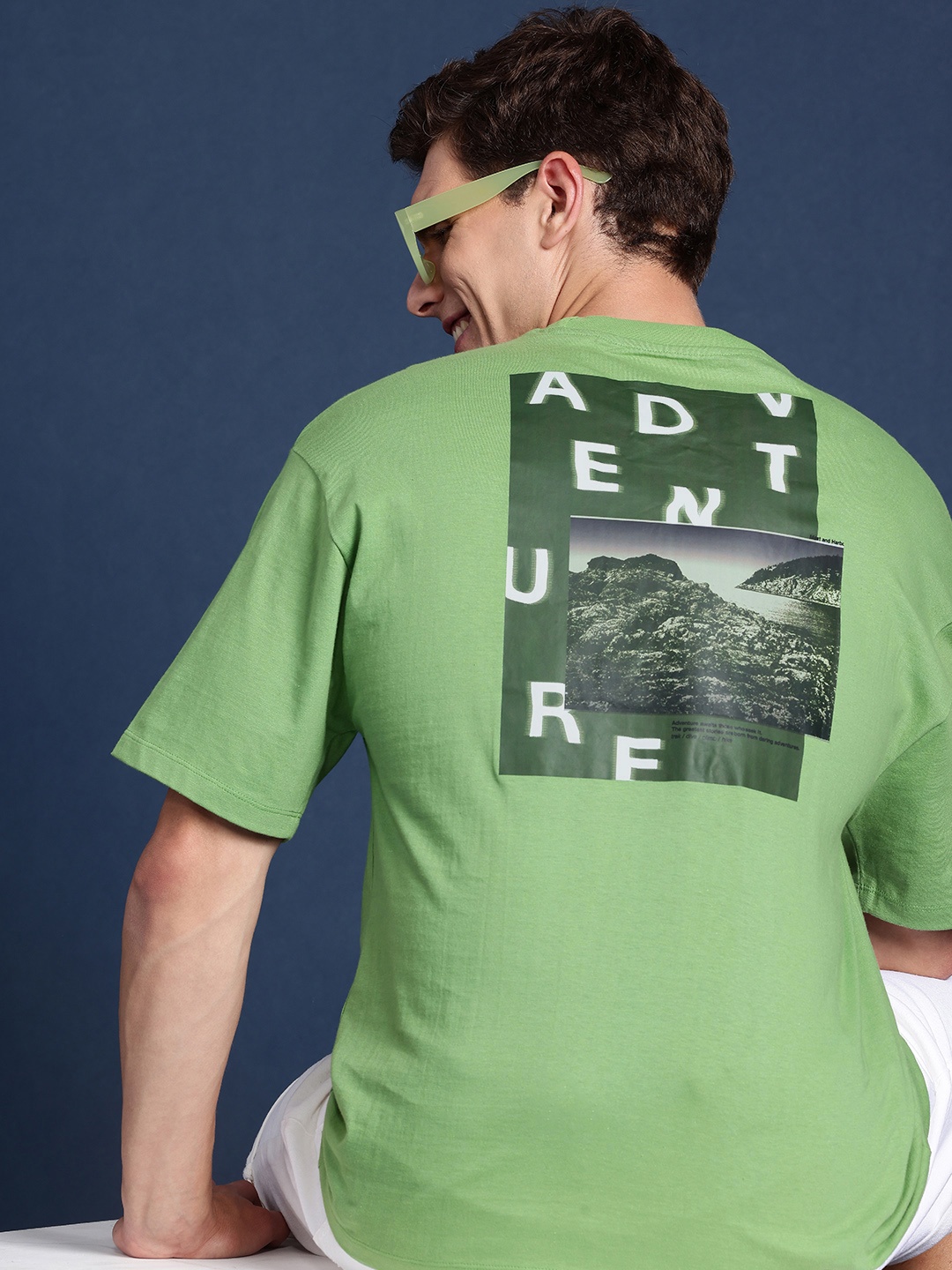 

Mast & Harbour Men Graphic Printed Drop-Shoulder Sleeves Pure Cotton T-shirt, Green