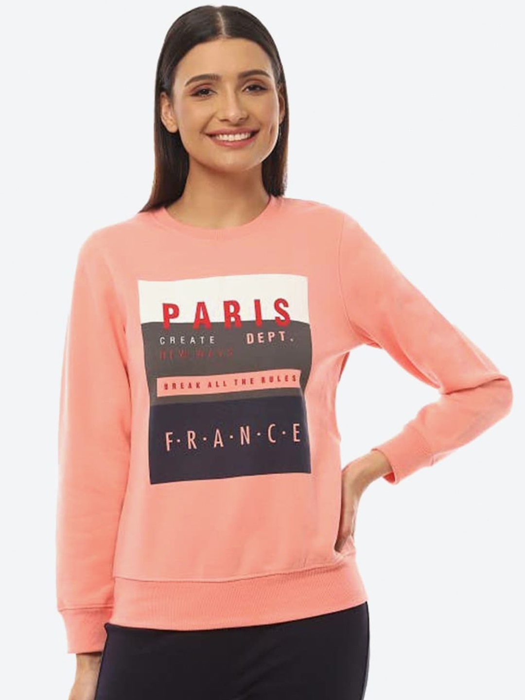 

2Bme Typography Printed Round Neck Long Sleeves Pullover Sweatshirt, Peach