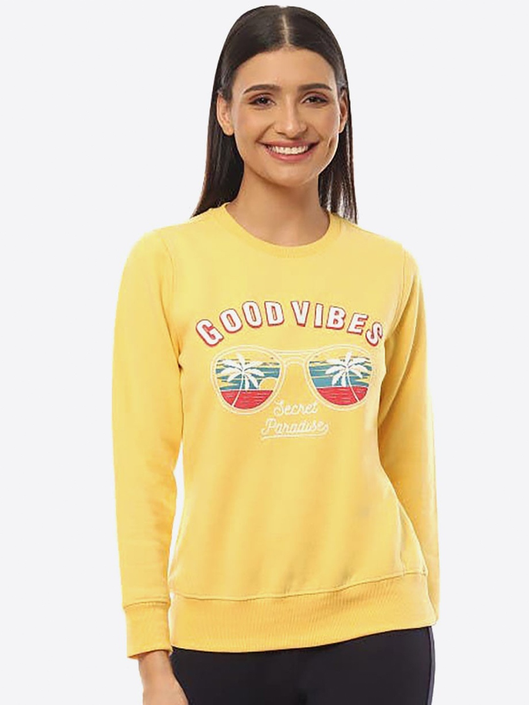 

2Bme Graphic Printed Round Neck Long Sleeves Pullover Sweatshirt, Yellow
