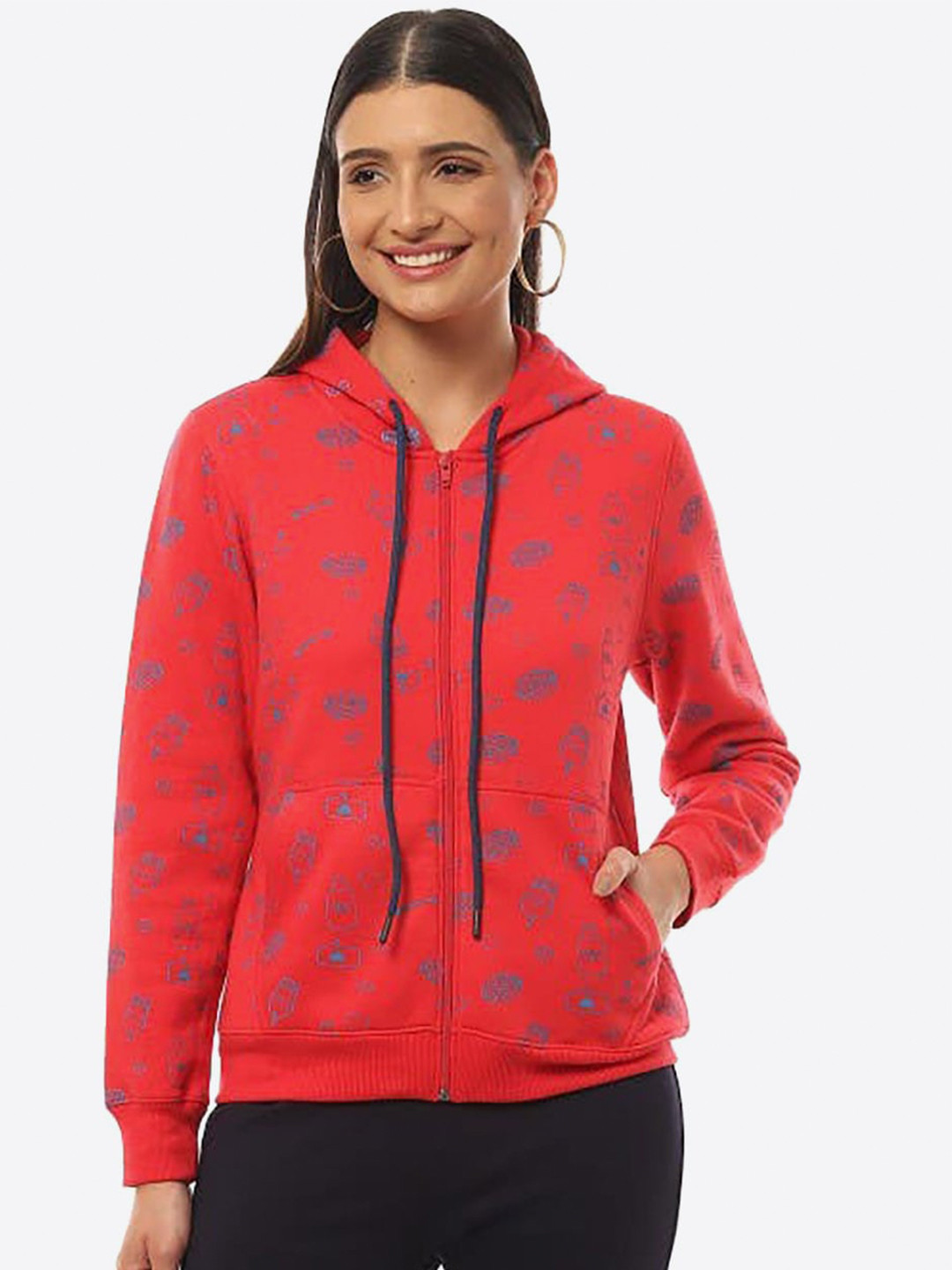 

2Bme Conversational Printed Hooded Long Sleeves Front-Open Sweatshirt, Red