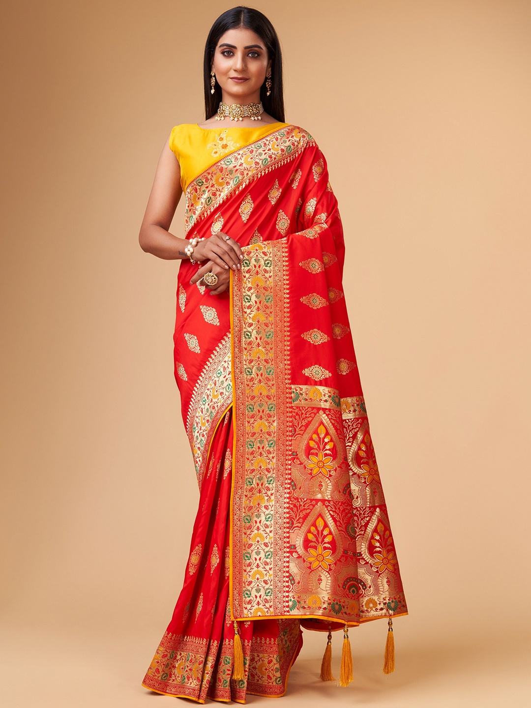 

Trendmalls Woven Design Zari Art Silk Banarasi Saree, Red