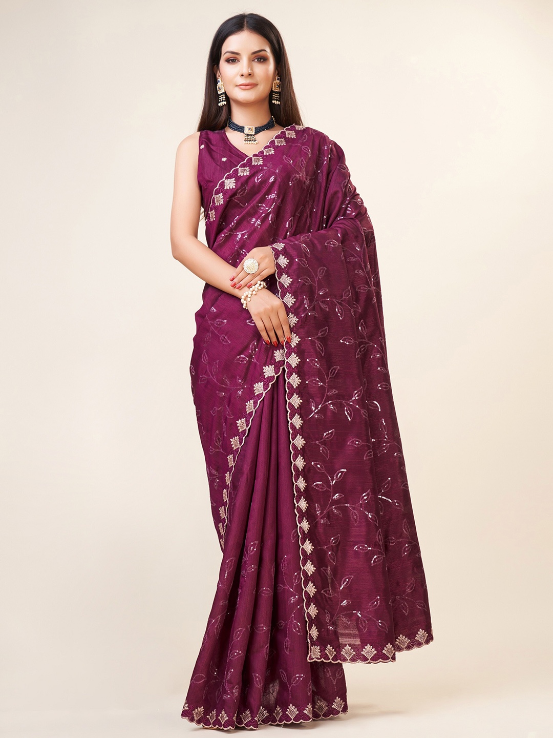 

Trendmalls Floral Embroidered Sequinned Satin Chanderi Saree, Purple