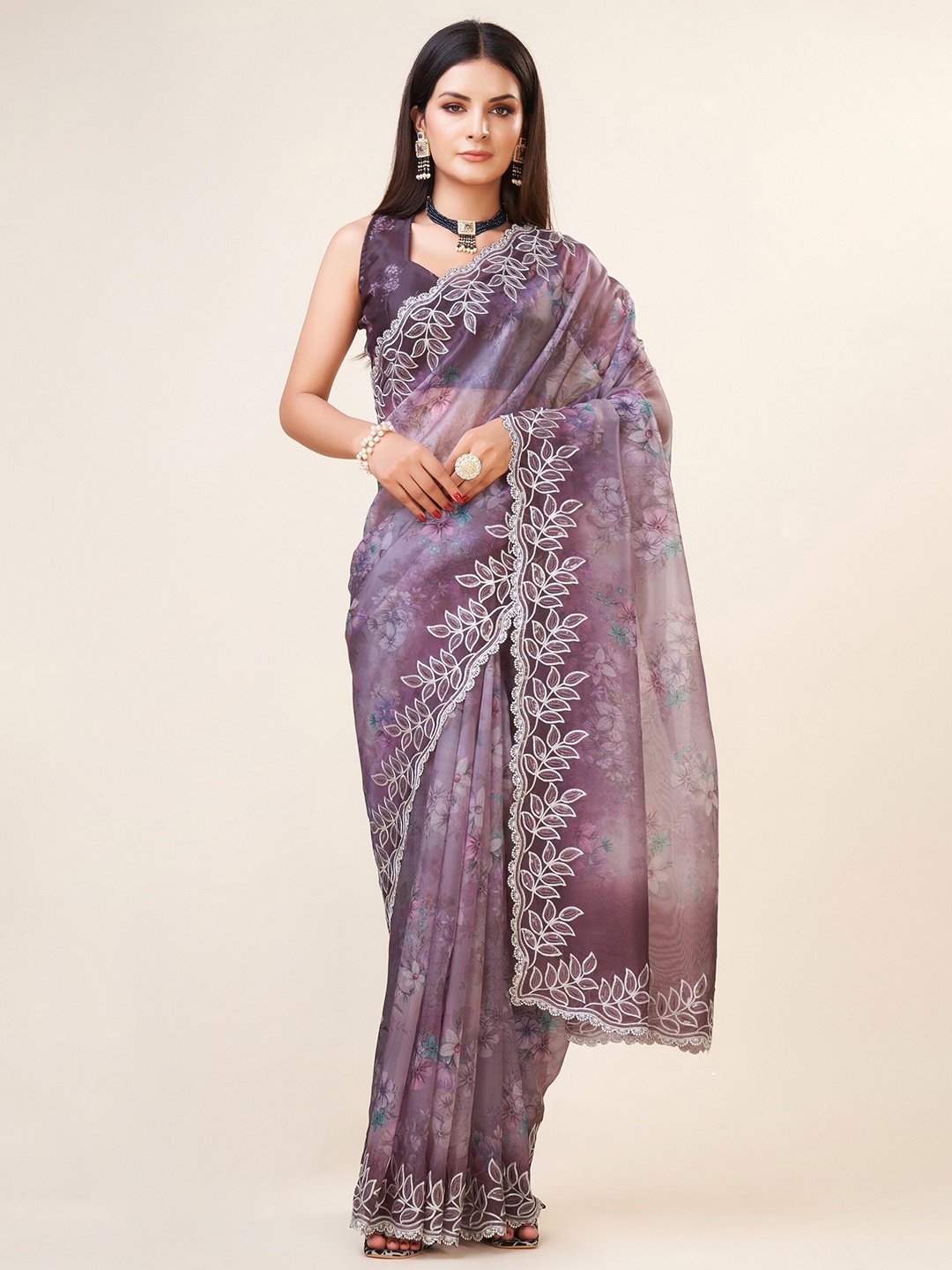 

Trendmalls Floral Printed Sequinned Organza Chanderi Saree, Lavender