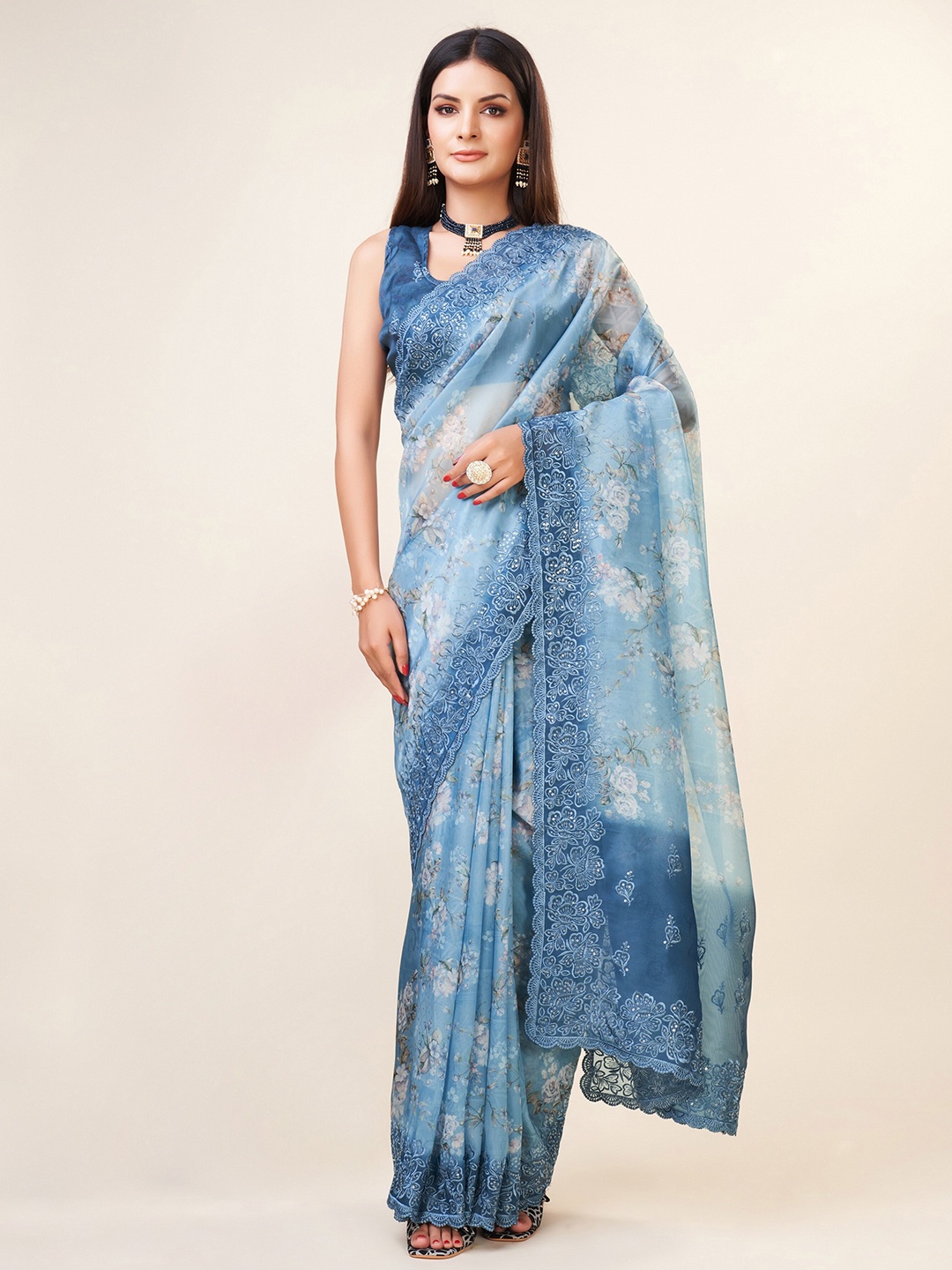 

Trendmalls Floral Printed Sequinned Organza Chanderi Saree, Turquoise blue