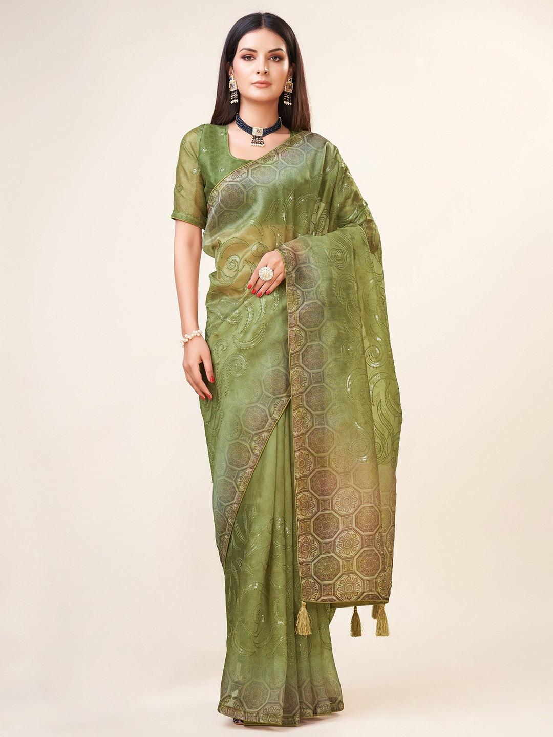 

Trendmalls Beads and Stones Embellished Organza Chanderi Saree, Green