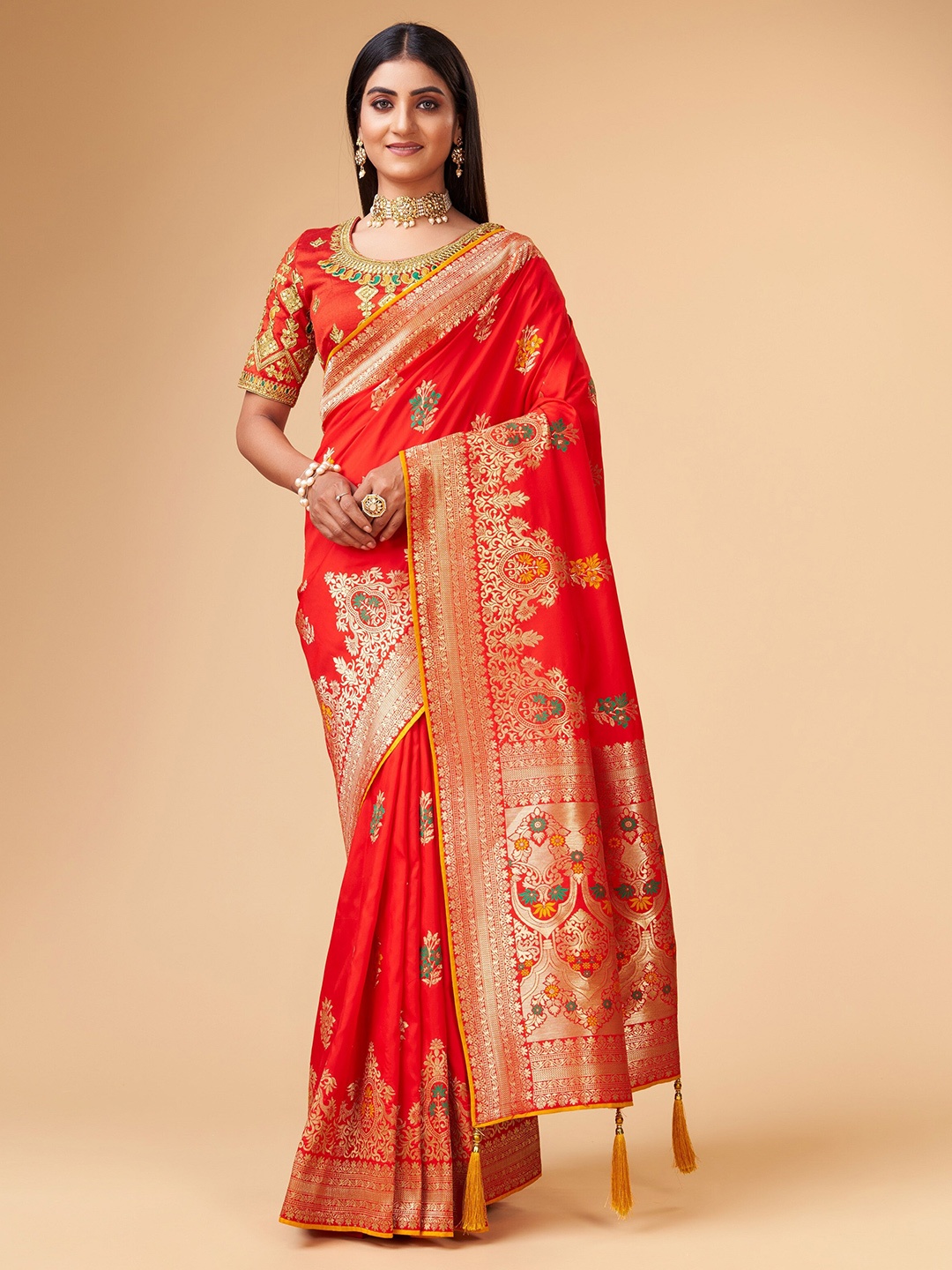 

Trendmalls Woven Design Zari Art Silk Banarasi Saree, Red