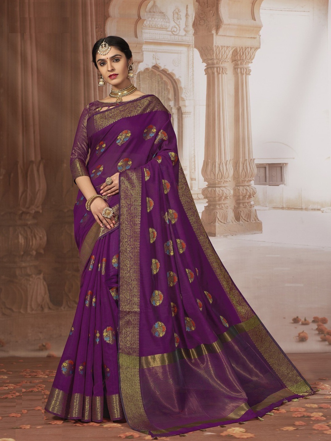 

GAJARAI Ethnic Motifs Woven Design Zari Chanderi Saree, Purple