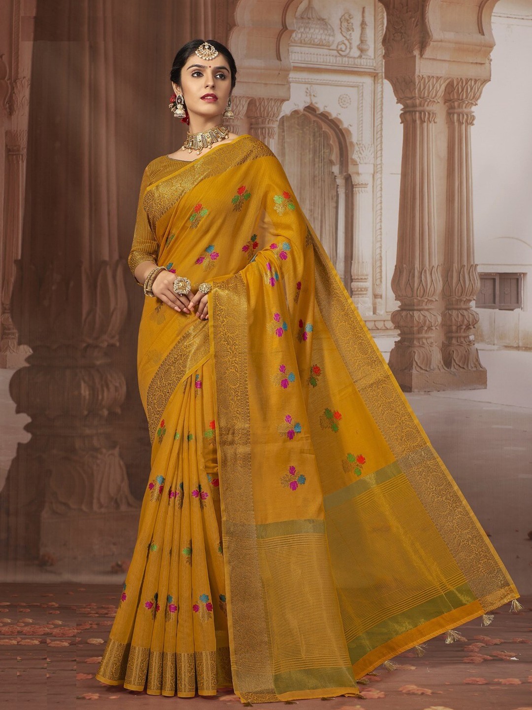 

GAJARAI Ethnic Motifs Woven Design Zari Chanderi Saree, Mustard