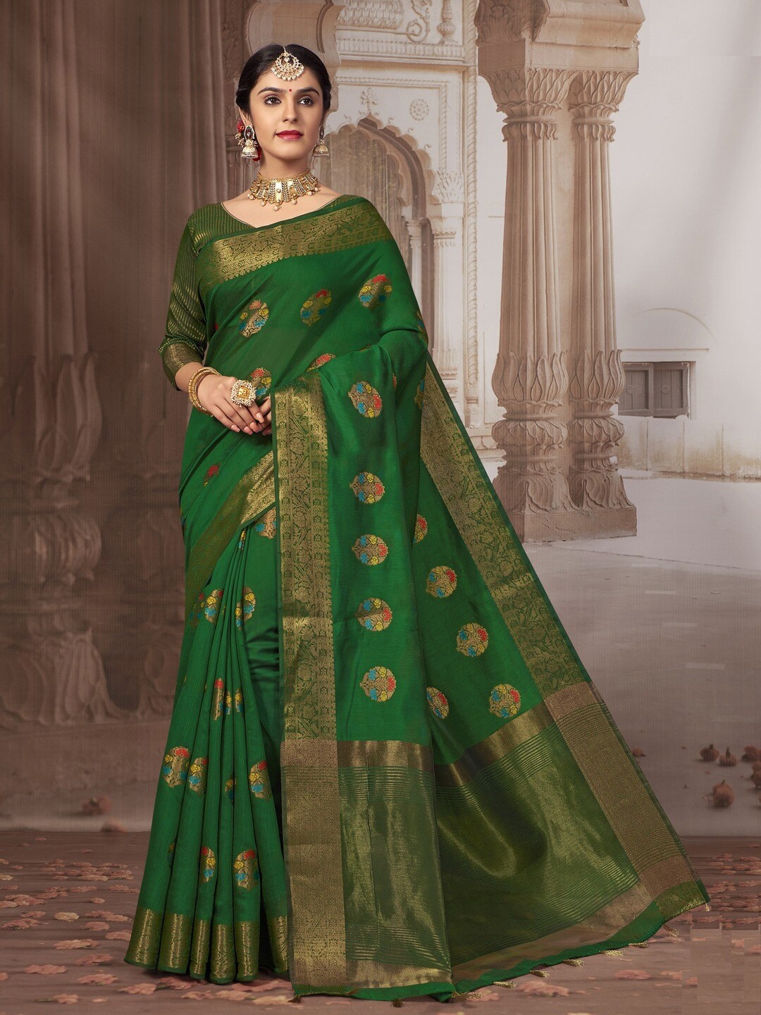 

GAJARAI Ethnic Motifs Woven Design Zari Chanderi Saree, Green