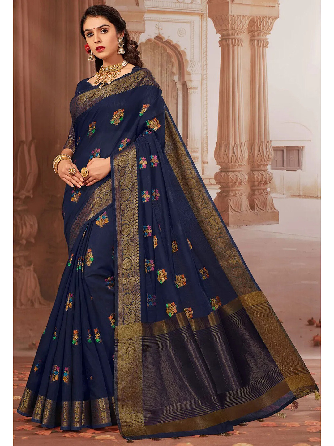 

GAJARAI Ethnic Motifs Woven Designed Zari Chanderi Saree, Navy blue