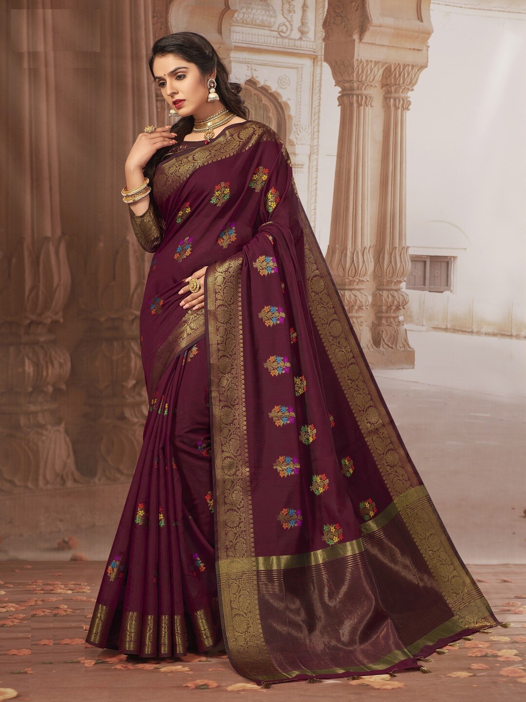 

GAJARAI Ethnic Motifs Woven Designed Zari Chanderi Saree, Maroon