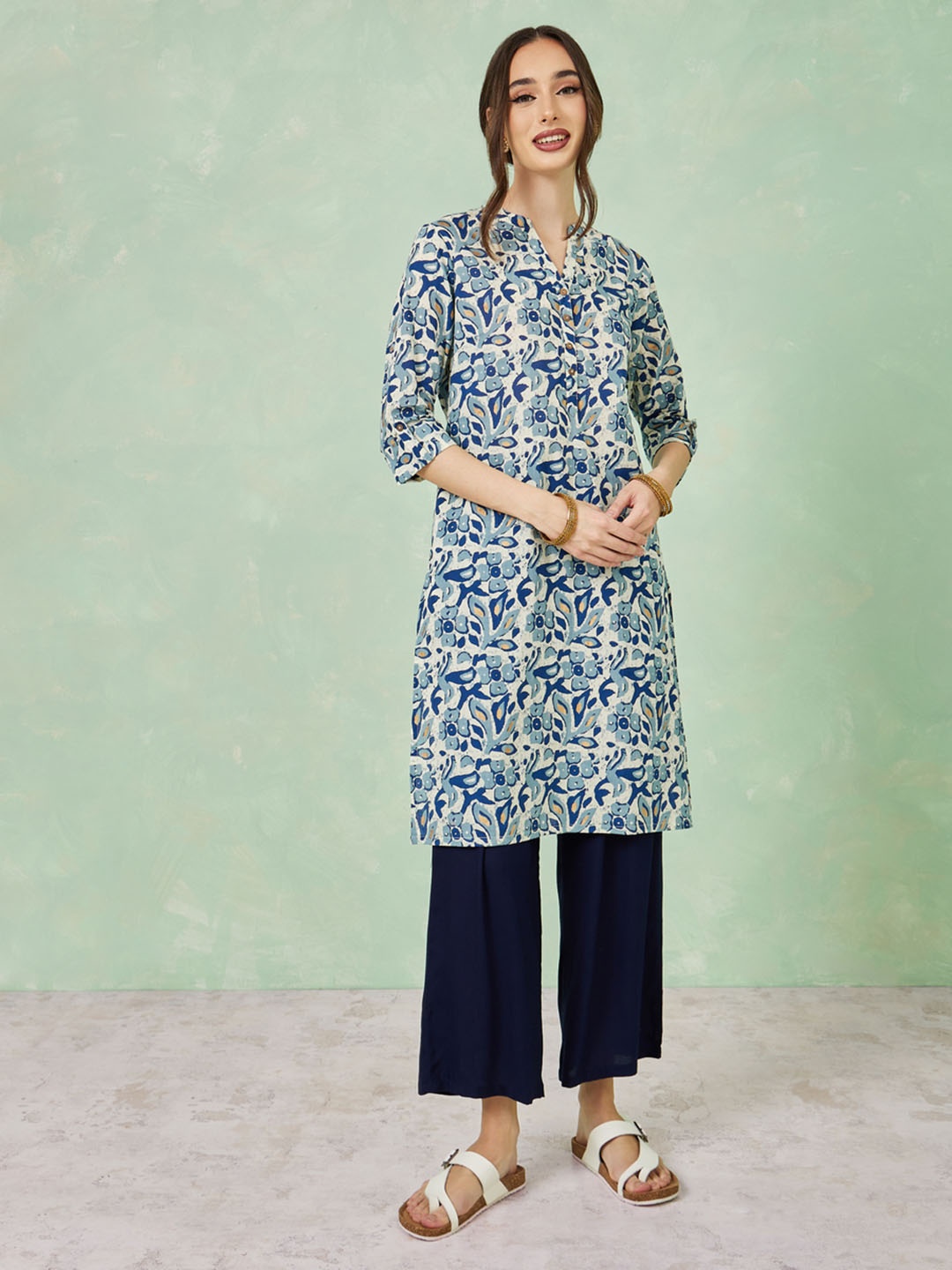

Styli Floral Printed Band Collar Cotton Kurta, Blue