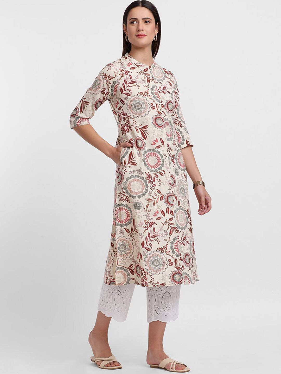 

Styli Off-White Floral Printed Mandarin Collar Cotton A-Line Kurta, Cream