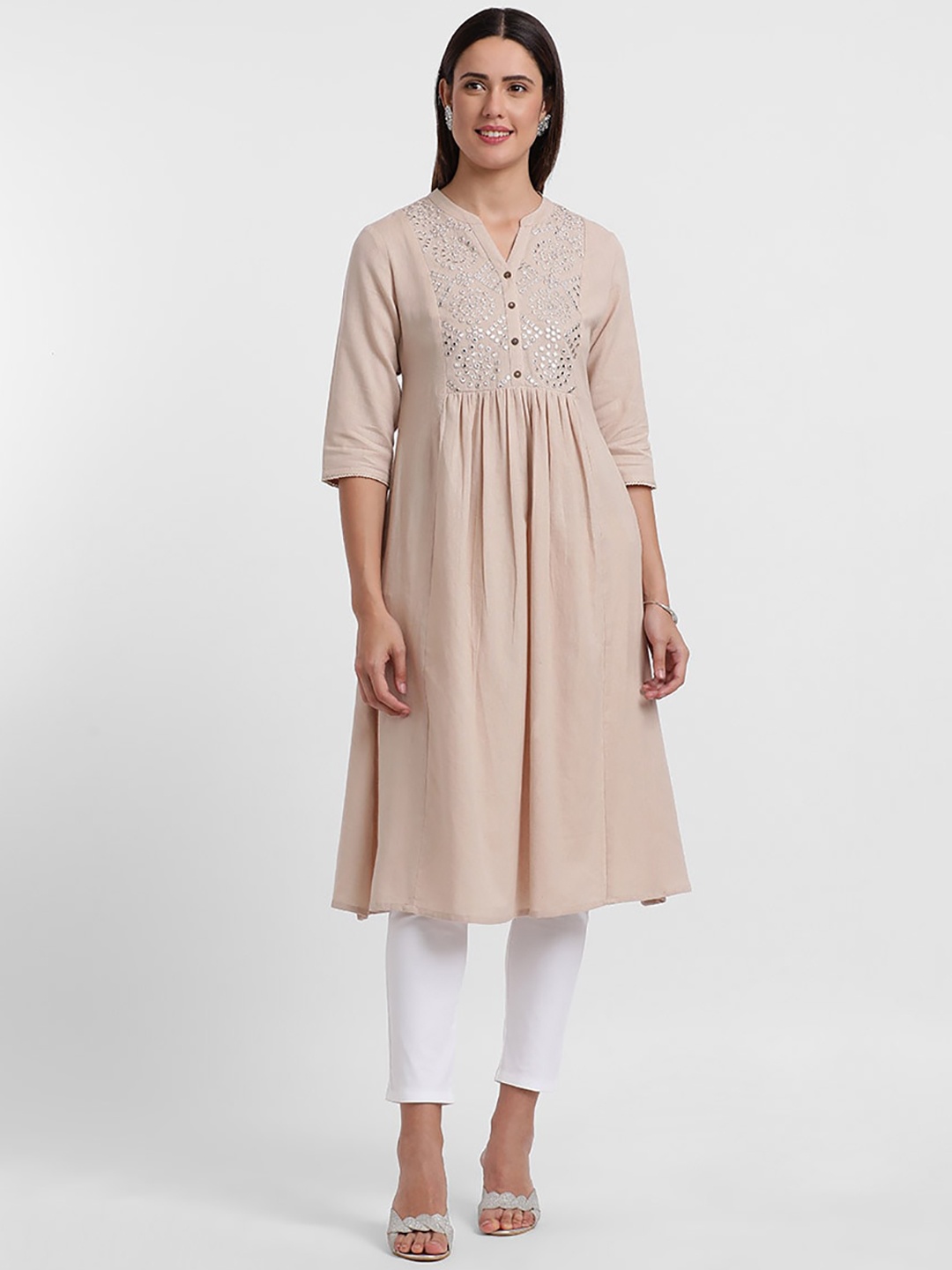 

Styli Beige Ethnic Motifs Embroidered Mirror Work Cotton Anarkali Kurta, Grey