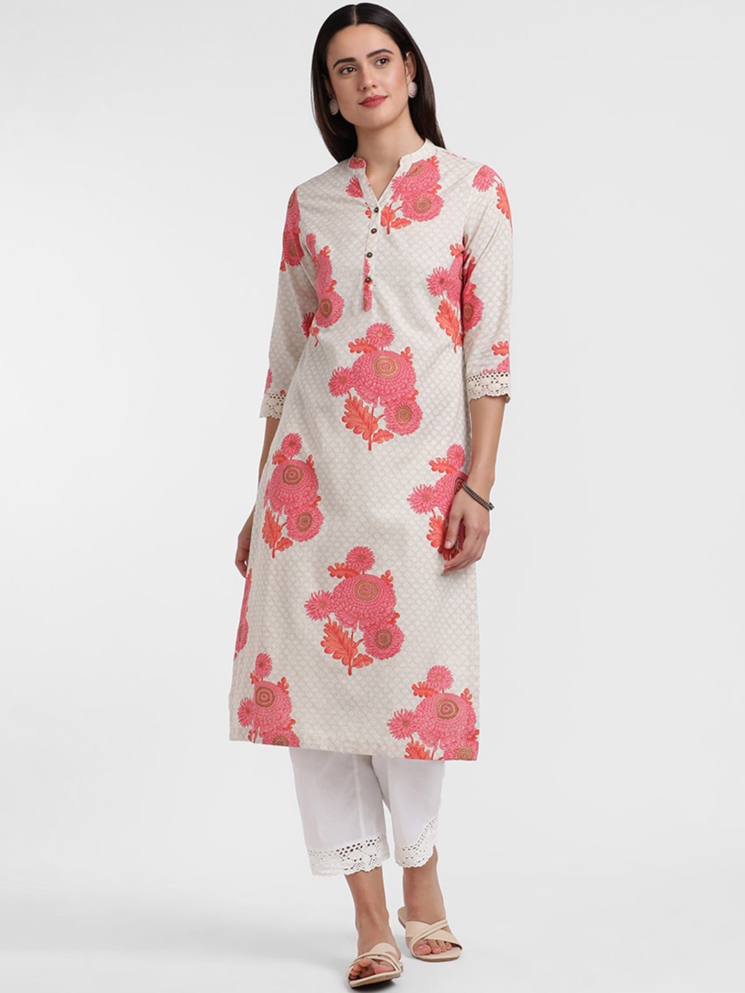 

Styli Floral Printed Mandarin Collar Pure Cotton Kurta, Off white