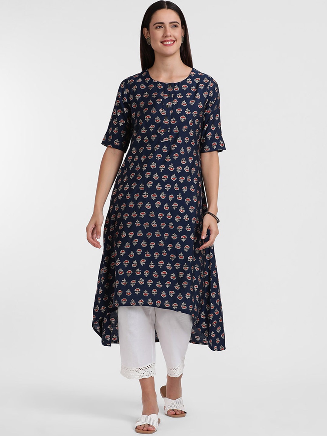 

Styli Navy Blue Ethnic Motifs Printed A-Line High Low Kurta