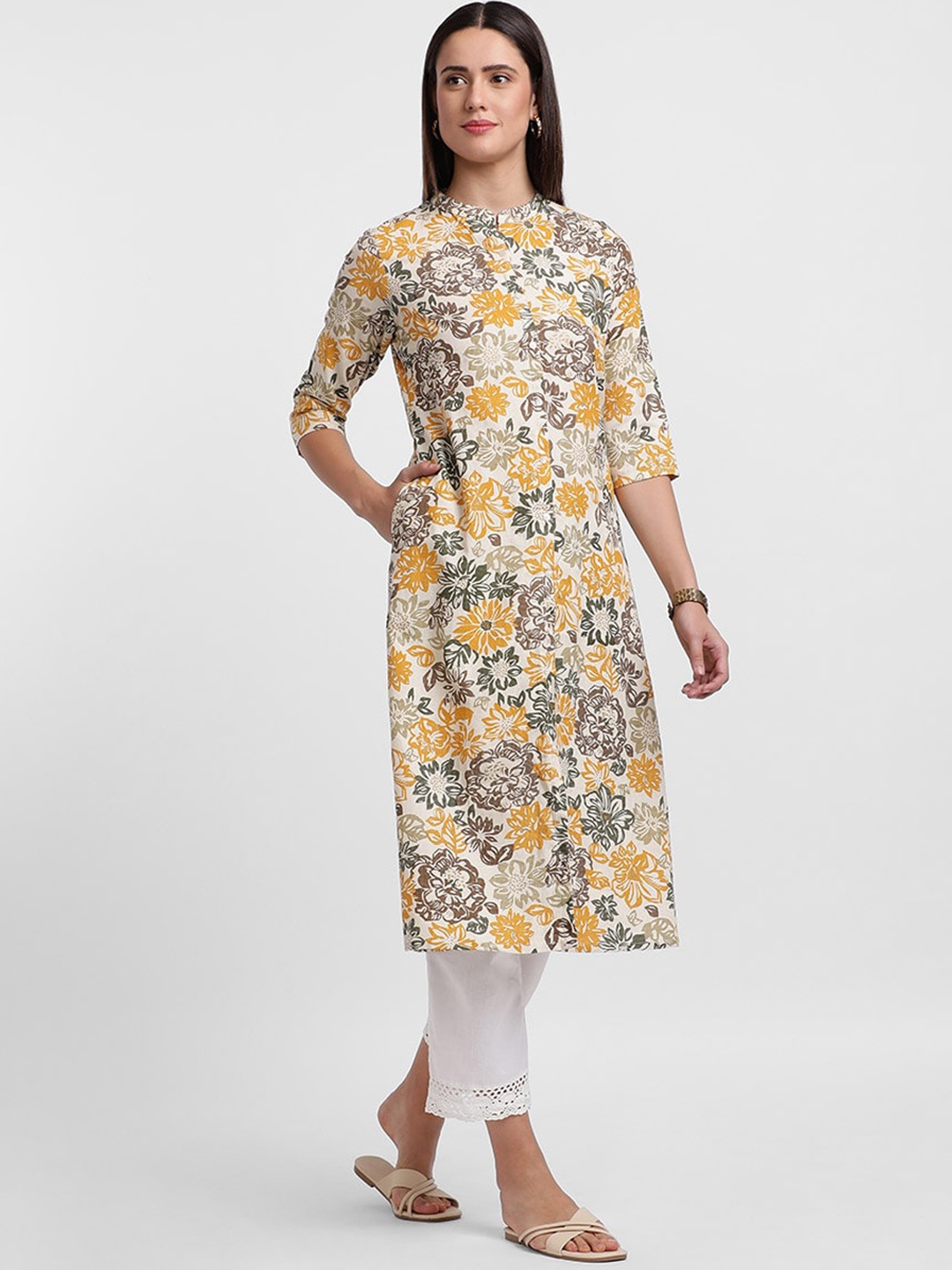 

Styli Off White & Yellow Floral Printed Mandarin Collar A-Line Cotton Kurta