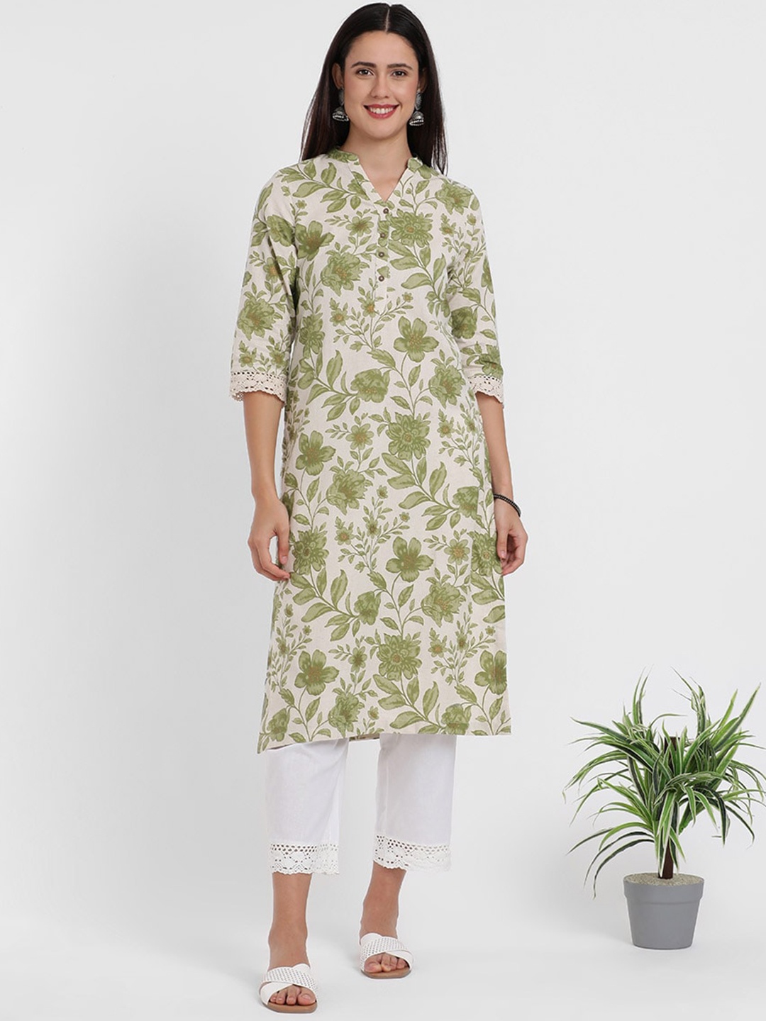 

Styli Floral Printed Mandarin Collar Pure Cotton Kurta, Off white