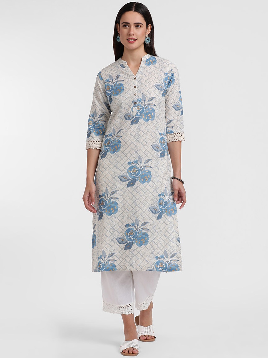 

Styli Floral Printed Mandarin Collar Pure Cotton Kurta, Off white