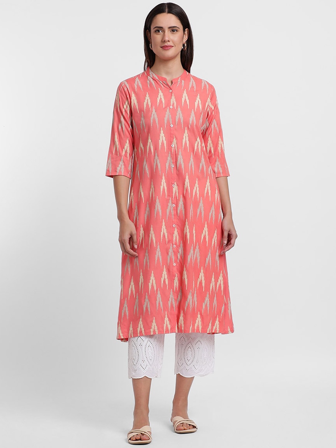 

Styli Coral Ikat Printed Mandarin Collar A-Line Kurta