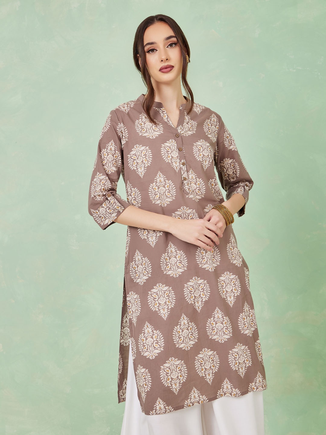 

Styli Grey Ethnic Motifs Printed Mandarin Collar Roll-Up Sleeves Cotton Kurta