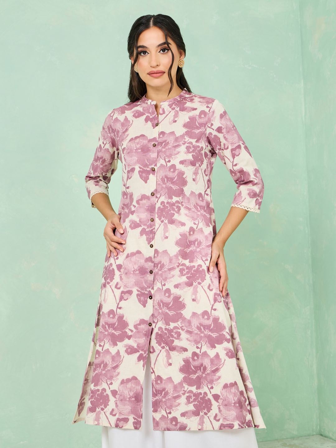 

Styli Off White Floral Printed Mandarin Collar Cotton A-Line Kurta