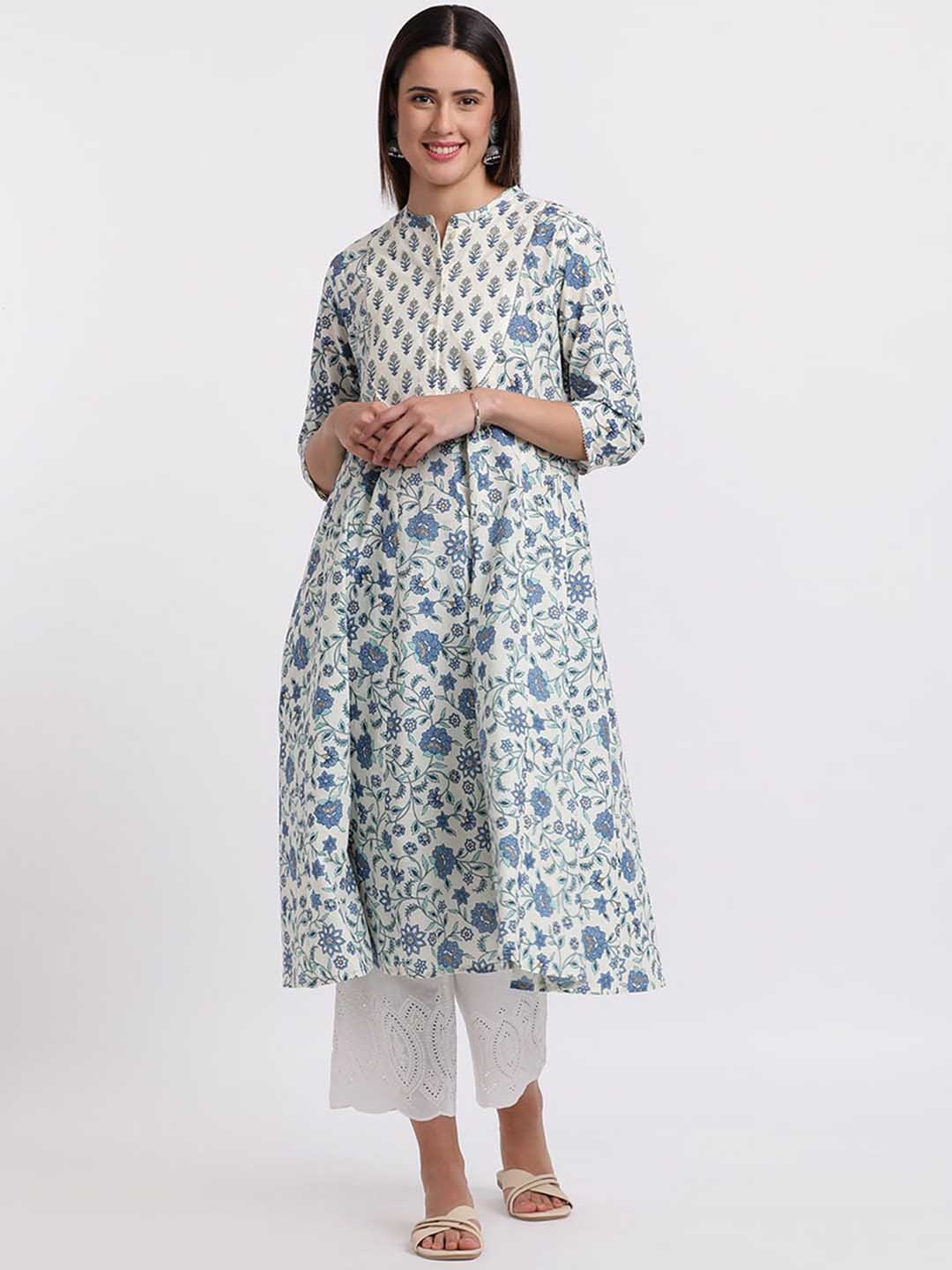 

Styli Blue Floral Printed Mandarin Collar A-Line Cotton Kurta