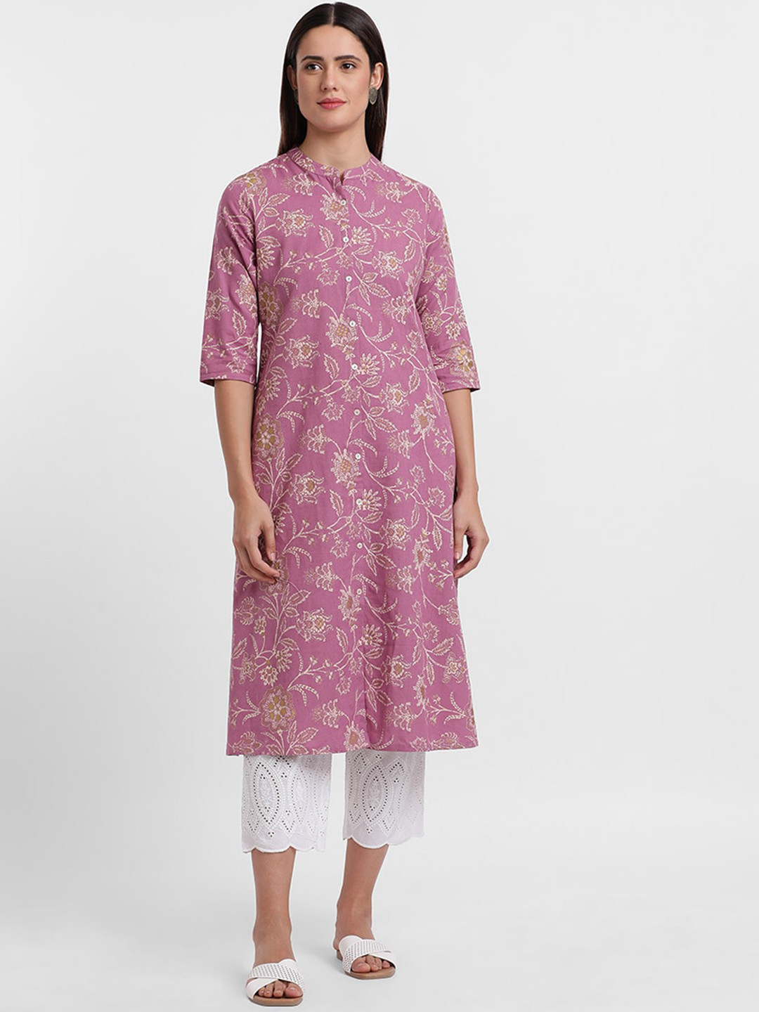 

Styli Purple Floral Printed Mandarin Collar A-Line Cotton Kurta