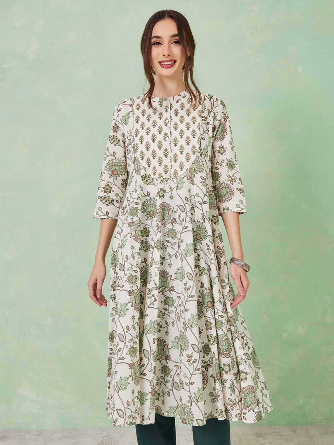 

Styli Floral Printed Mandarin Collar Pure Cotton Anarkali Kurta, Off white