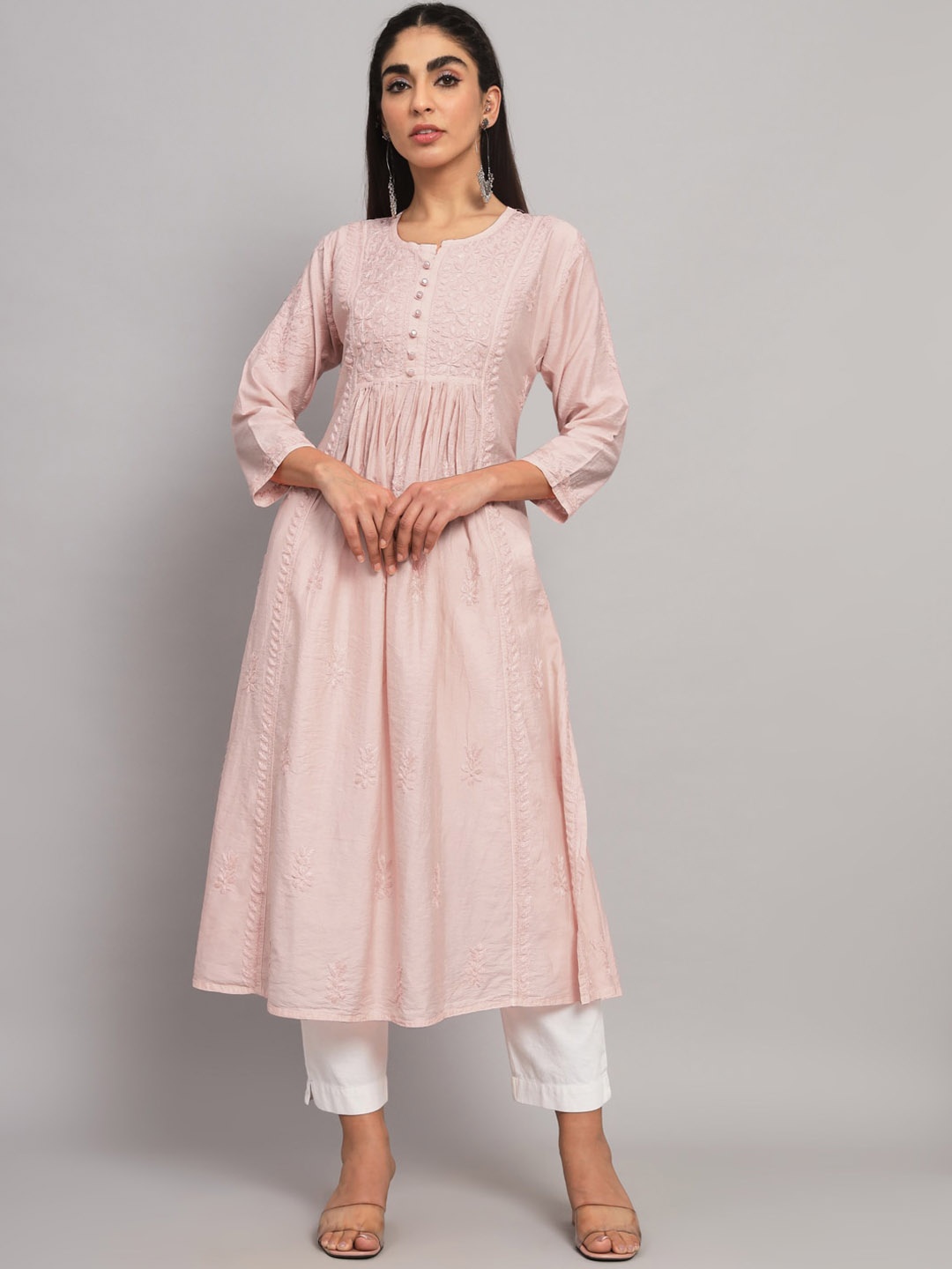 

PARAMOUNT CHIKAN Women Beige Flared Sleeves Thread Work Floral Anarkali Kurta