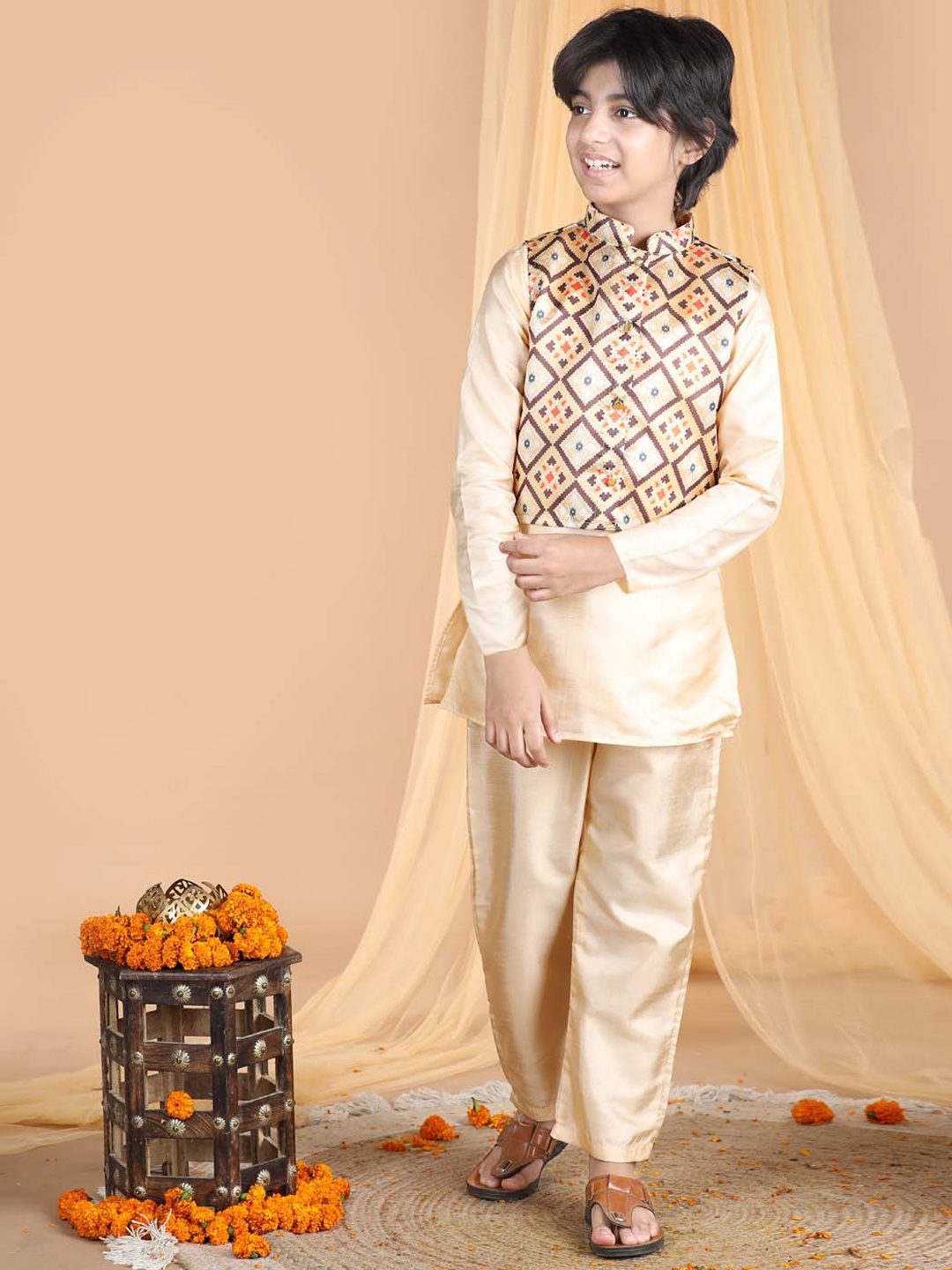 

Cutiekins Boys Mandarin Collar Kurta with Pyjamas & Waistcoat, Beige