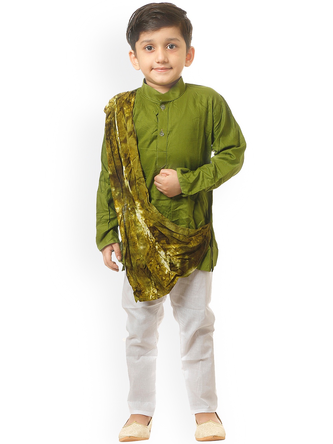 

BAESD Boys Band Collar Pure Cotton Kurta With Pyjamas & Dupatta, Green