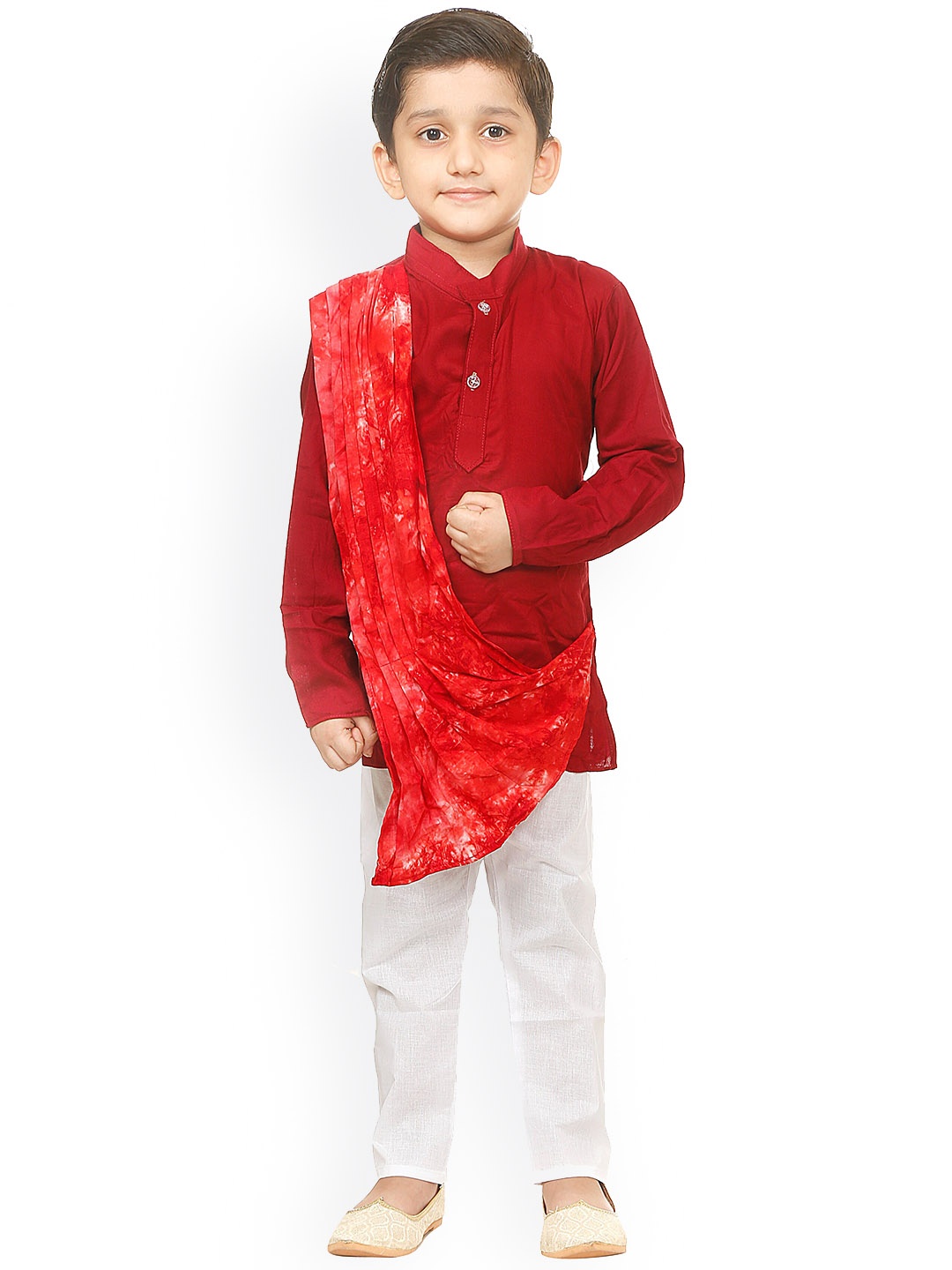 

BAESD Boys Pure Cotton Mandarin Collar Kurta With Pyjamas & Dupatta, Red