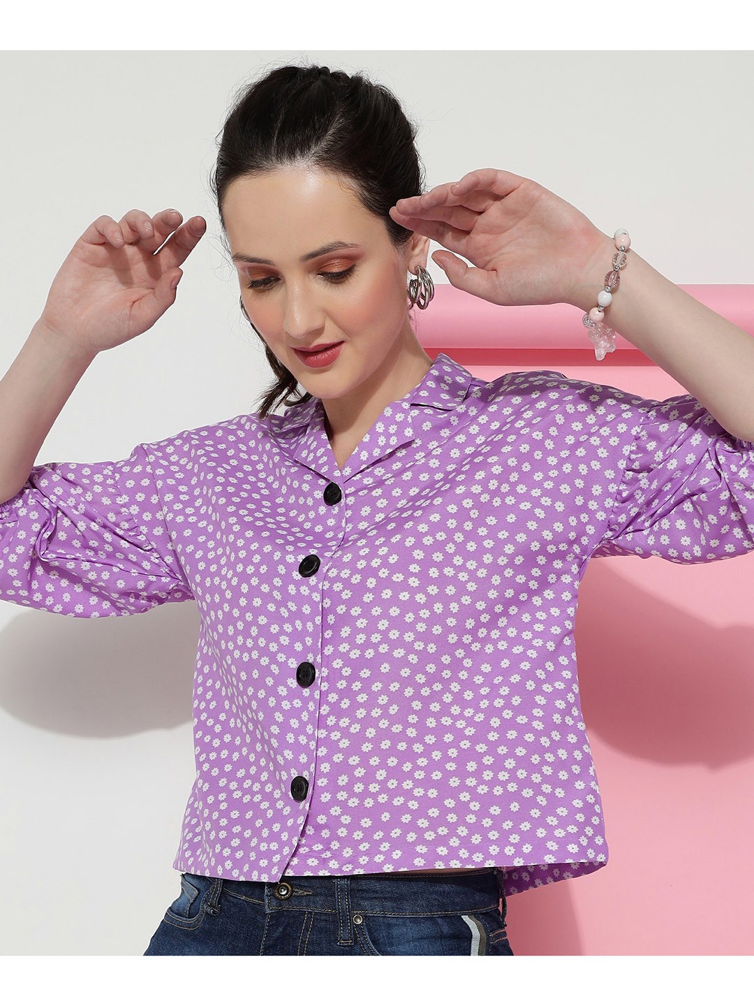 

DressBerry Floral Printed Shir Collar Drop-Shoulder Shirt Style Top, Purple