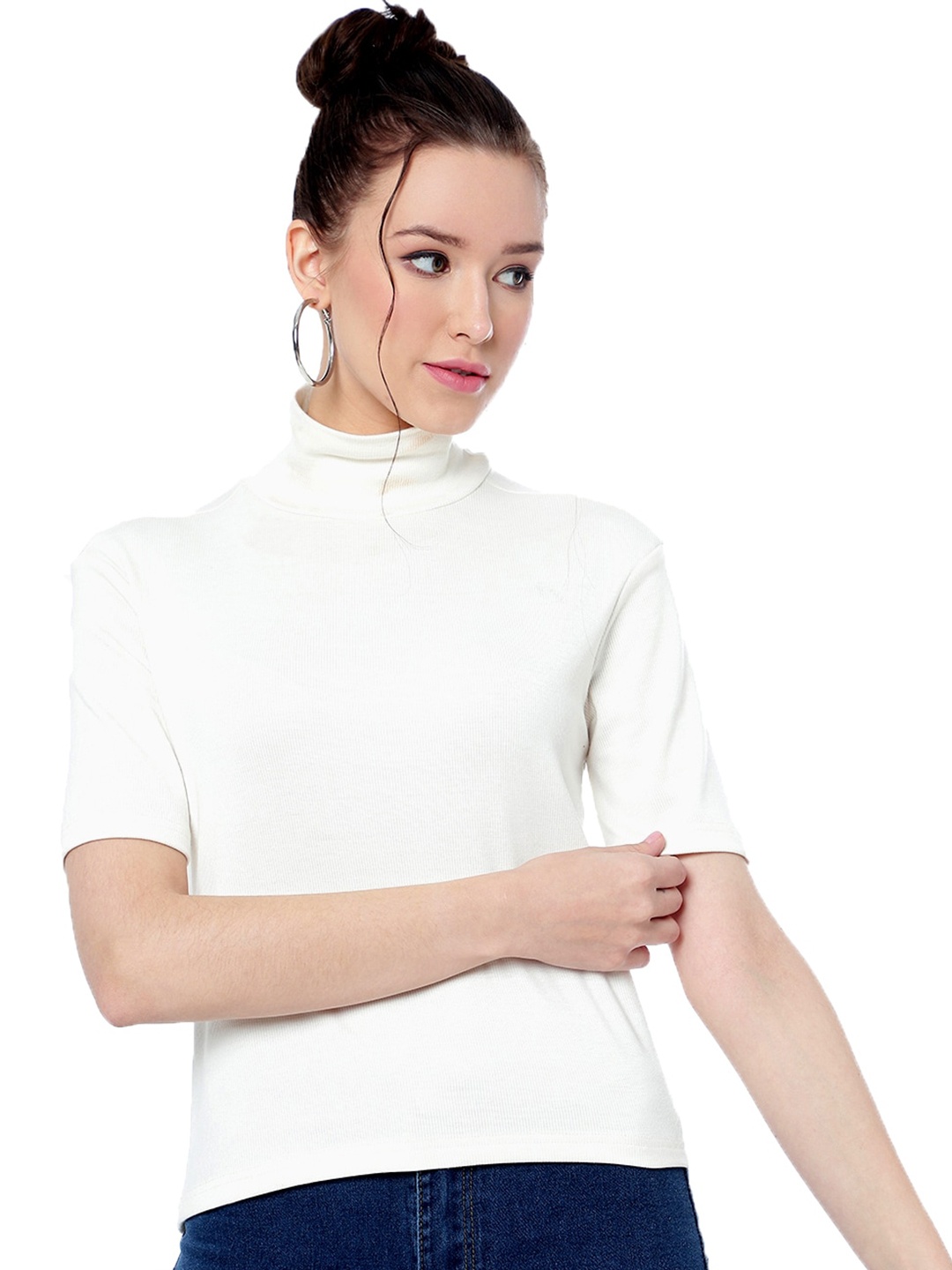 

DressBerry White High Neck Short Sleeves Crepe T Shirt