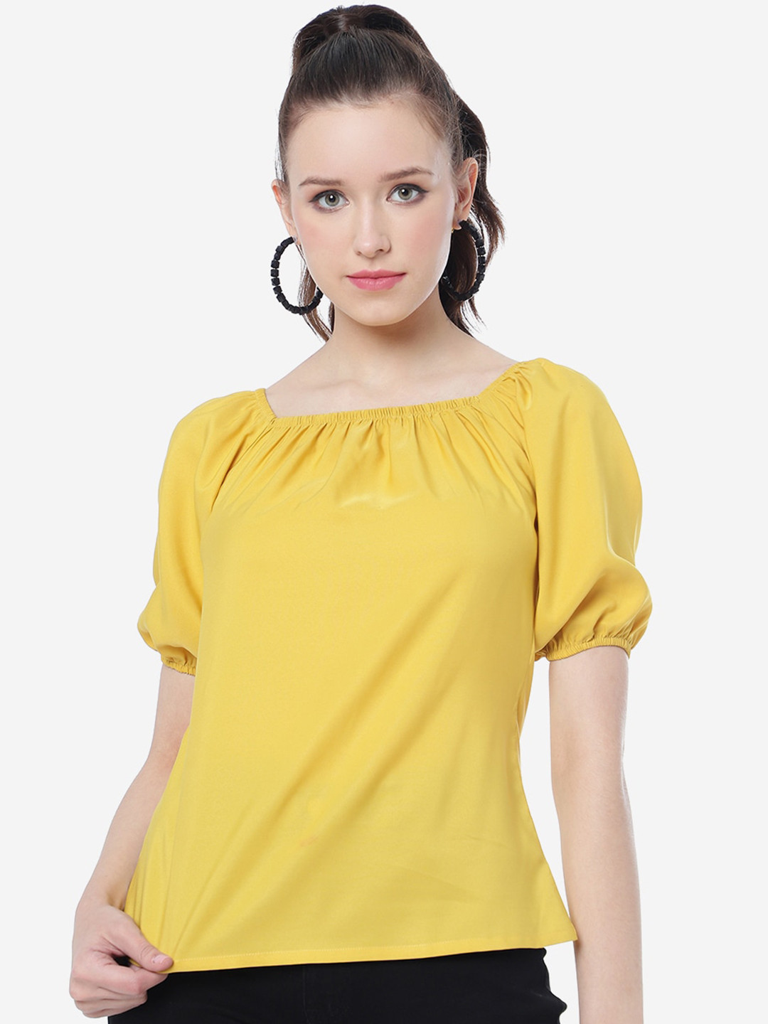 

DressBerry Yellow Square Neck Puff Sleeve Top
