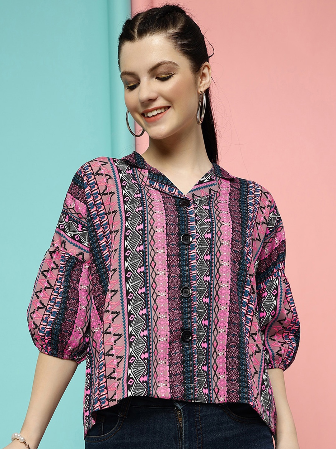 

DressBerry Black Boxy Ethnic Motifs Cuban Collar Puff Sleeve Top