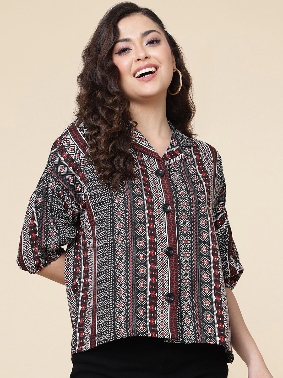 

DressBerry Maroon Ethnic Motifs Printed Crepe Shirt Style Top, Black