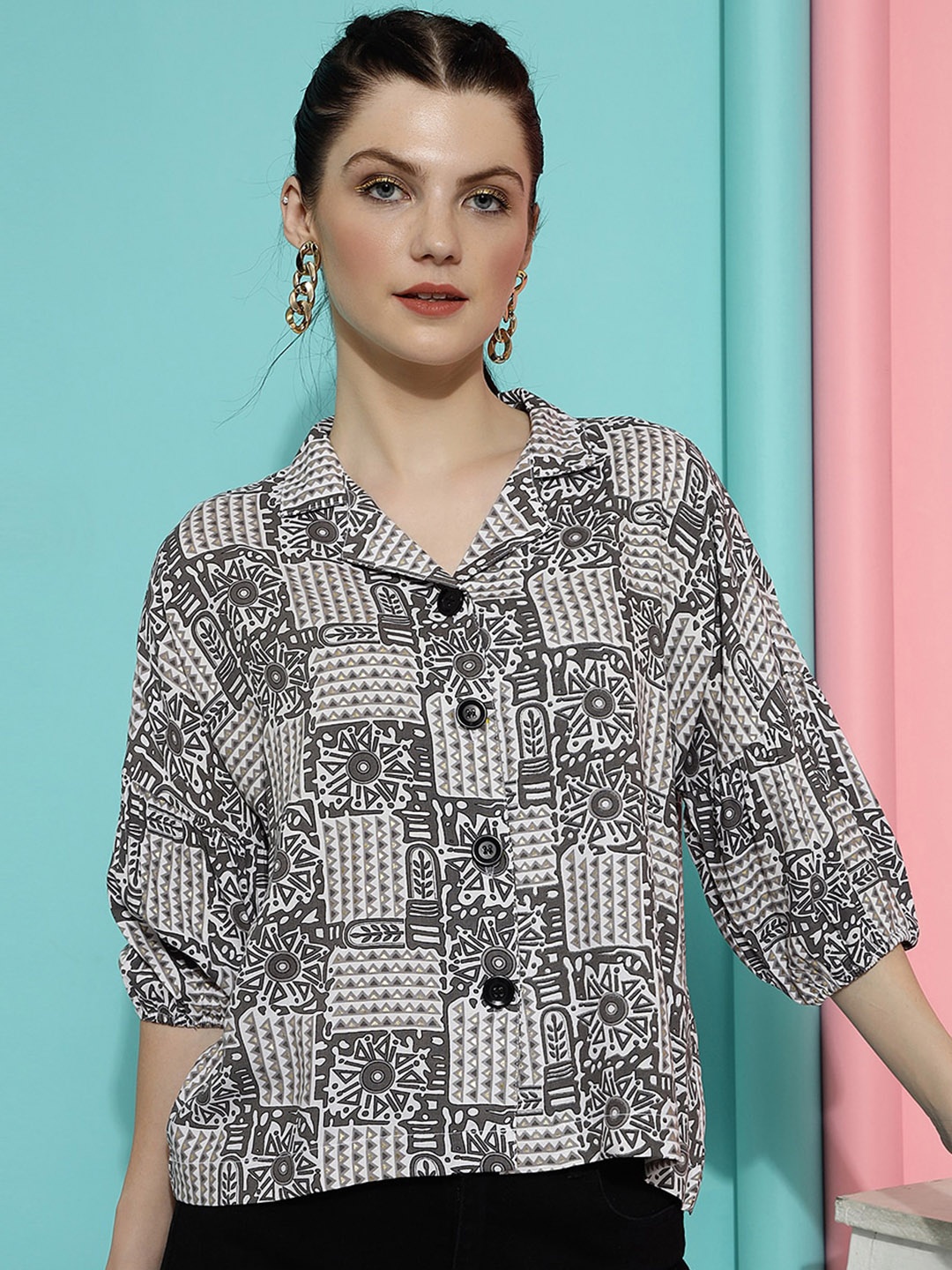 

DressBerry Grey Ethnic Printed Shirt Style Top